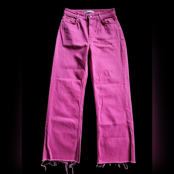 Zara Pink High Rise Wide Leg Jeans Raw Hem Size 30 Regular Length - Picture 1 of 12